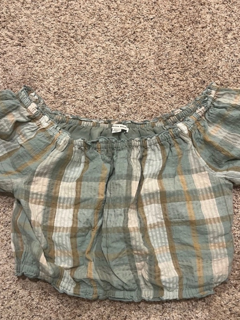 American Eagle Sage Green Plaid Off-Shoulder Crop Top
